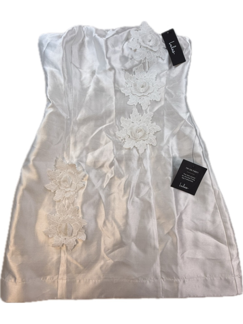 Lulus White Strapless Mini Dress Medium Floral Applique Satin Bodycon NWT